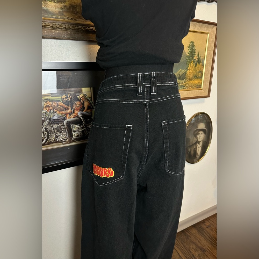 Y2K Baggy White Stitched EMPYRE Black Jeans Waist :8 - Picture 4 of 10